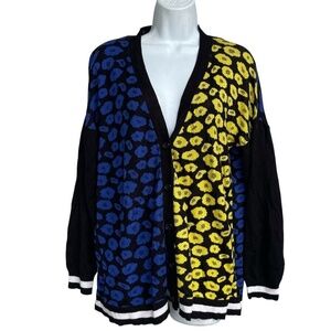 One A Leopard Print Open Long Cardigan Women's L Multicolor Color-block Sweater